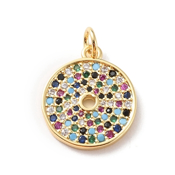 Rack Plating Brass Micro Pave Colorful Cubic Zirconia Pendants, Long-Lasting Plated, Cadmium Free & Lead Free, Round Ring, Real 18K Gold Plated, 17.5x15x2mm, Hole: 3mm