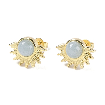 Natural Aquamarine Stud Earrings, with Golden Tone Rack Plating Brass Findings, Sun, 14.6x10.9mm