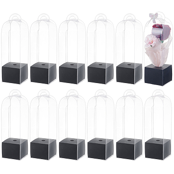 Transparent PVC Single Rose Flower Packaging Boxes, Rose Wrapping Boxes with Paper Base, Rectangle, Black, Finished Product: 8x8x28cm