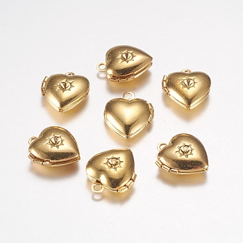 Brass Locket Pendants, Photo Frame Charms for Necklaces, Heart, Golden,12x10.5x0x4mm, Hole: 1mm