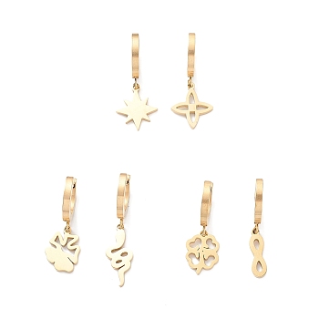 3 Pair 3 Style Star & Clover & Snake & Infinity Ion Plating(IP) 304 Stainless Steel Asymmetrical Earrings, Dangle Hoop Earrings for Women, Golden, 26~33mm, Pin: 1mm, 1 Pair/style