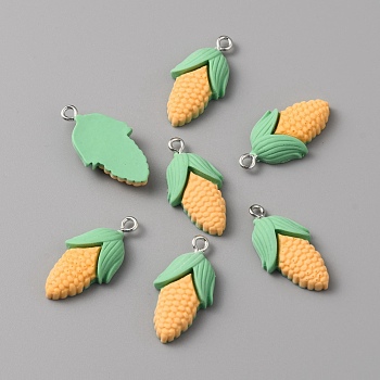Opaque Resin Pendants, Corn Charm, with Platinum Tone Alloy Loops, Gold, 26.5x13.5x5.5mm, Hole: 2mm