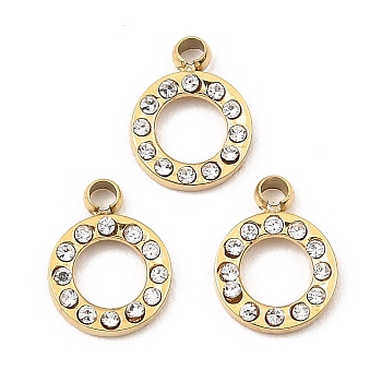 Ion Plating(IP) 316 Stainless Steel with Rhinestone Pendants, Ring Charm, Real 24K Gold Plated, 8x6x1mm, Hole: 1mm