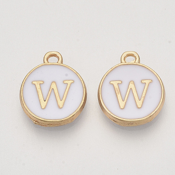 Golden Plated Alloy Charms, Cadmium Free & Lead Free, with Enamel, Enamelled Sequins, Flat Round with Letter, White, Letter.W, 14x12x2mm, Hole: 1.5mm