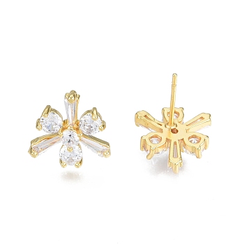 Clear Cubic Zirconia Flower Stud Earrings, Brass Jewelry for Women, Nickel Free, Real 18K Gold Plated, Clear, 13x12.5mm, Pin: 0.7mm