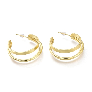 Brass Half Hoop Earrings, with Steel Pin and Plastic Ear Nuts, Long-Lasting Plated, Real 18k Gold Plated, 28.7x29x4mm, Pin: 0.7mm
