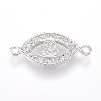 Brass Micro Pave Cubic Zirconia Links, Clear, Real Platinum Plated, Evil Eye, 9.5x21x2mm, Hole: 1mm
