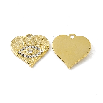 Vacuum Plating 201 Stainless Steel Charms, Crystal Rhinestone Heart with Eye, Real 18K Gold Plated, 14.5x15x2mm, Hole: 1.4mm