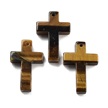 Natural Tiger Eye Pendants, Cross Charms, 30.5x20x6mm, Hole: 1.4mm