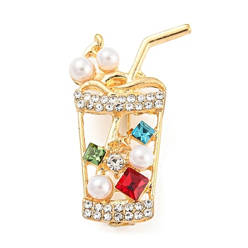 Alloy Rhinestone Brooches, with Plastic Imitation Pearl, Boba Tea Drink Pins, Golden, 34x19.5x5mm