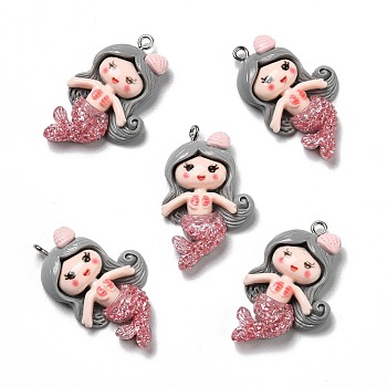 Opaque Resin Pendants, with Glitter Powder and Platinum Tone Iron Loops, Mermaid, Silver, 35x21.5x6mm, Hole: 2mm