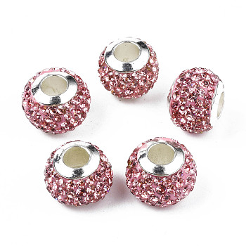 Handmade Polymer Clay Rhinestone European Beads, with Silver Tone CCB Plastic Double Cores, Large Hole Beads, Rondelle, Rose, 12.5~13x10mm, Hole: 4.5mm