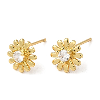 Rack Plating Brass Flower Stud Earrings, with Cubic Zirconia, Lead Free & Cadmium Free, Real 18K Gold Plated, 9mm