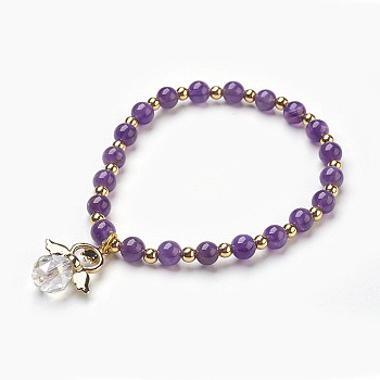 Natural Amethyst Beads Stretch Charm Bracelets, with Brass and Alloy Findings, Angel, 2-1/8 inch(5.4cm), Charm: 21x19x10mm