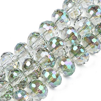 Electroplate Transparent Glass Beads Strands, Faceted, Rondelle, Light Green, 10x7.5mm, Hole: 1.4mm, about 70pcs/strand, 20.87 inch(53cm)