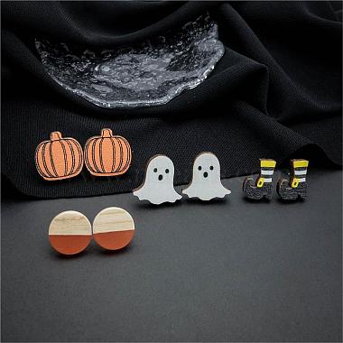 Halloween Pumpkin Ghost Boot Wood Stud Earring Sets(EJEW-OY002-05)-3