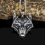 304 Stainless Steel Rhinestone Viking Wolf Head Pendant Necklaces, Antique Silver, Blue Zircon, 23.62 inch(60cm)(FS-WGCFA8E-01)
