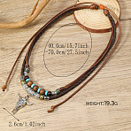 Alloy & Synthetic Turquoise Pendant Porcelain & Wood Beaded Waxed Cord Double Layer Adjustable Necklaces for Men, Antique Silver, Cattle, 15.75~27.56 inch(40~70cm), pendant: 26mm(FS-WG67B4F-04)