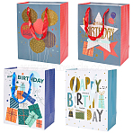 4Pcs 4 Styles Birthday Theme Printed Rectangle Paper Bags with Ribbon Handle, for Gift Bags and Shopping Bags, 4pcs Wrapping Paper, Mixed Shapes, 18x10x23cm, 1pc/style(ABAG-SP0001-20)