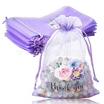20Pcs Thank You Flower Printed Organza Drawstring Bags, Candy Storage Bags, Rectangle, Medium Purple, 15.8x10.4x0.01cm(OP-YW0001-04B)