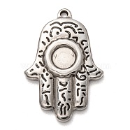 304 Stainless Steel Pendant Cabochon Settings, Hamsa Hand/Hand of Fatima /Hand of Miriam, Antique Silver, Tray: 5.5mm, 29x19.5x3mm, Hole: 1.6mm(STAS-I170-12AS)
