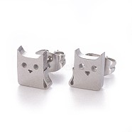 304 Stainless Steel Kitten Stud Earrings, Hypoallergenic Earrings, with Ear Nuts/Earring Back, Cat Silhouette, Stainless Steel Color, 7.8x6.5mm, Pin: 0.8mm, 12pairs/card(EJEW-F227-15P)