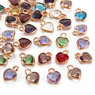 Glass Charms, with Light Gold Tone Brass Findings, Long-Lasting Plated, Faceted, Heart, Mixed Color, 9x6.5x3mm, Hole: 1.6mm(X-GLAA-Q088-031)