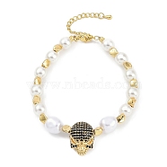 Rack Plating Brass Micro Pave Cubic Zirconia Charm Bracelets, with ABS Imitation Pearl Beads, Cadmium Free & Lead Free, Long-Lasting Plated, Skull, Real 18K Gold Plated, 7-1/2 inch(19cm)(BJEW-P341-14G)