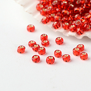 12/0 Grade A Round Glass Seed Beads, Silver Lined, Red, 2x1mm, Hole: 0.5mm, about 60000pcs/pound(SEED-A022-F13-37)