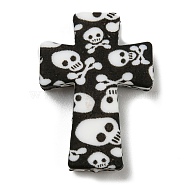 Cross with Skull Silicone Focal Beads, Chewing Beads For Teethers, DIY Nursing Necklaces Making, Black, 35x25x8mm, Hole: 2mm(SIL-G006-02H)