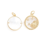 Brass Micro Pave Cubic Zirconia Pendants, with Natural Shell and Jump Ring, Flat Round with Twelve Constellations, Golden, Leo, 17.5x15x2.5mm, Hole: 3.5mm(ZIRC-E164-36E-G)