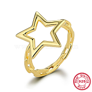 925 Sterling Silver Finger Ring, Hollow Star, Real 18K Gold Plated, Inner Diameter: 16mm(KD4692-01-1)