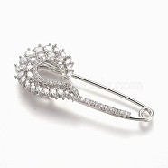 Brass Micro Pave Cubic Zirconia Safety Brooch, Tail, Clear, Platinum, 60x24.5mm, Pin: 1.5mm(X-JEWB-I010-17P)