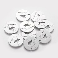 201 Stainless Steel Pendants, Flat Round with Owl, Stainless Steel Color, 20x1.1mm, Hole: 1.5mm(STAS-Q201-T400)