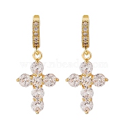 Clear Cubic Zirconia Cross Drop Huggie Hoop Earrings, Brass Jewelry for Women, Golden, 37mm, Pin: 0.9mm(EJEW-SW00005-02)