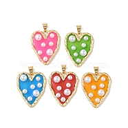 Rack Plating Brass & Epoxy Resin Pendants, Heart Charms with Snap on Bails & Plastic Pearl, Real 18K Gold Plated, Cadmium Free & Lead Free, Long-Lasting Plated, Mixed Color, 25.5x20.5x5mm, Hole: 4x3.5mm(KK-Z047-06G-02-RS)