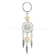 Alloy Woven Net/Web with Feather Pendant Keychain, with Sea Turtle Synthetic Turquoise and Iron Split Key Rings, White, 12.7cm(KEYC-JKC00590-02)