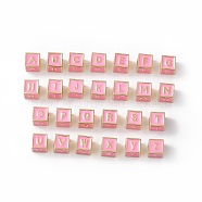 Rack Plating Brass Enamel Beads, Cadmium Free & Nickel Free & Lead Free, Real 18K Gold Plated, Cube with Letter A`Z, Pearl Pink, 6x6x6mm, Hole: 2.5mm(KK-B060-04G-05)