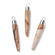 Natural Picture Jasper Brass Pendants, Cadmium Free & Lead Free, Bullet Shaped, Silver Color Plated, 33~37x4~5mm, Hole: 2mm(G-B025-02P-13)