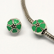 Alloy Enamel Flower Large Hole Style European Beads, Antique Silver, Sea Green, 10x11mm, Hole: 4mm(MPDL-R036-51A)