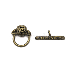 Zinc Alloy Toggle Clasps, Rose, Antique Bronze, 7.5~19x16.5~25x4.5~6mm, Hole: 1.4mm and 2.1x3mm(PALLOY-WH0085-94)