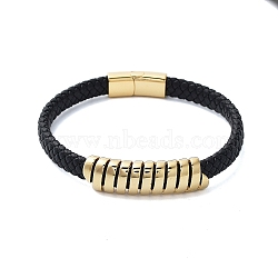 Men's Braided Black PU Leather Cord Bracelets, Spring Shaped 304 Stainless Steel Link Bracelets with Magnetic Clasps, Golden, 8-1/4x1/2 inch(21.1x1.25cm)(BJEW-K243-61G)