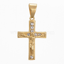 304 Stainless Steel Pendants, For Easter, with Rhinestone, Crucifix Cross, Golden Tone, Crystal, 39x26x5.5mm, Hole: 11x8mm(STAS-L196-08G)