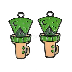 Baking Paint Alloy Enamel Pendants, Flashlight with Mountain Charms, Black, Lime Green, 31x16x1mm, Hole: 2mm(AL-CBA6AEB-14EB-02)