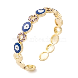 Brass Pave Cubic Zirconia Open Cuff Bangles for Women, with Enamel, Real 18K Gold Plated, Evil Eye, Inner Diameter: 2-1/4 inch(5.6cm), 9mm(BJEW-S147-17G-A)