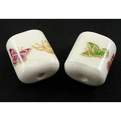 Handmade Ornamental with Gold Porcelain Beads, Tube, Butterfly Pattern, White, 17.5x14.5x9.5mm, hole: 1mm(X-CF161Y)