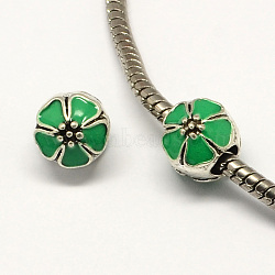 Alloy Enamel Flower Large Hole Style European Beads, Antique Silver, Sea Green, 10x11mm, Hole: 4mm(MPDL-R036-51A)