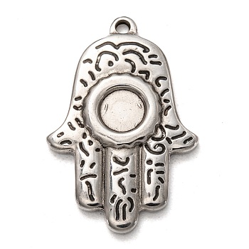 304 Stainless Steel Pendant Cabochon Settings, Hamsa Hand/Hand of Fatima /Hand of Miriam, Antique Silver, Tray: 5.5mm, 29x19.5x3mm, Hole: 1.6mm