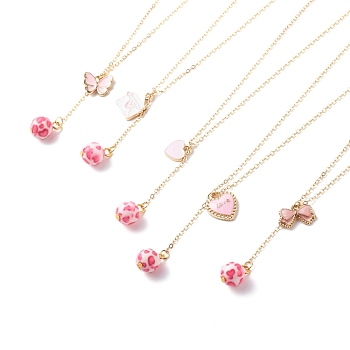 Alloy Enamel Charm & Resin Beads Lariat Necklace, Valentine Theme 304 Stainless Steel Jewelry for Women, Pink, 15.98~16.02 inch(40.6~40.7cm)