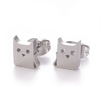 304 Stainless Steel Kitten Stud Earrings, Hypoallergenic Earrings, with Ear Nuts/Earring Back, Cat Silhouette, Stainless Steel Color, 7.8x6.5mm, Pin: 0.8mm, 12pairs/card